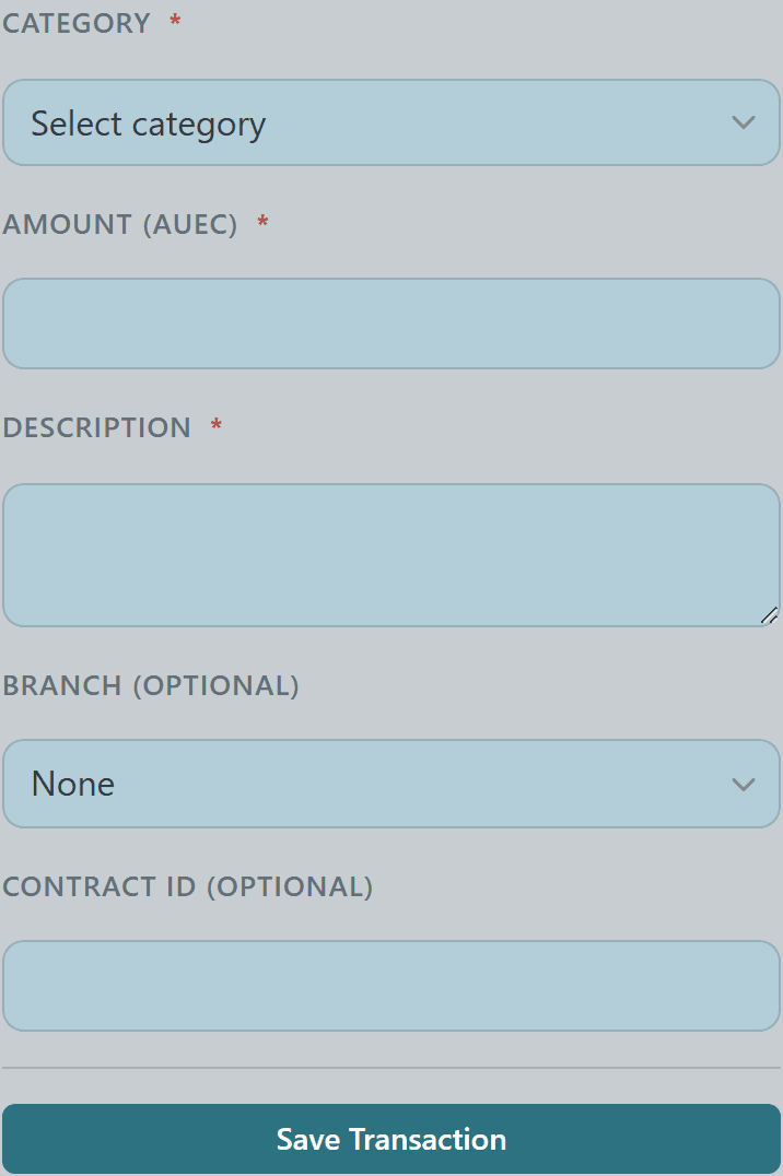 New transaction form with category, amount, branch, and description fields