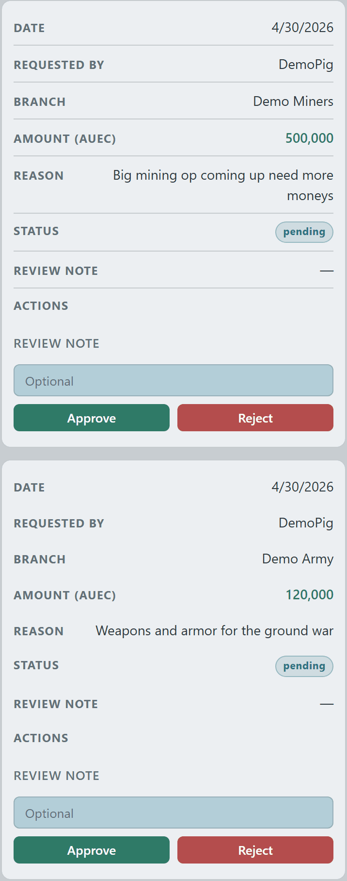 Pending loan request queue with approve and deny actions